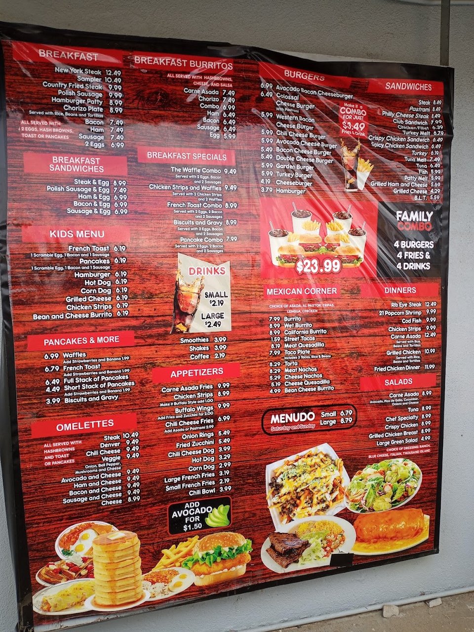 Menu board with burger and salad options.