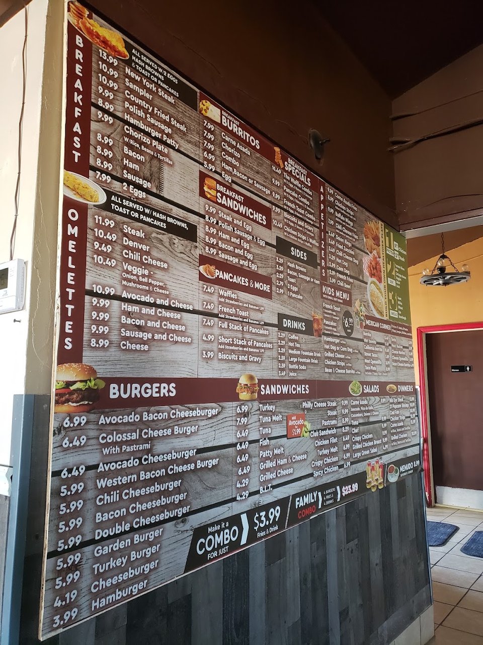 Printed menu with add-ons and sides.