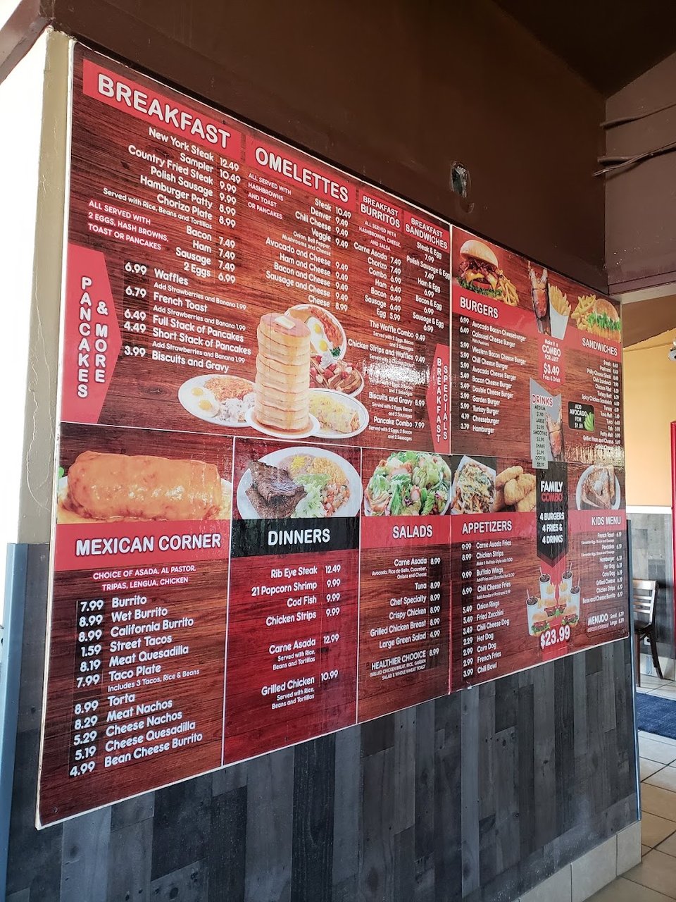 Restaurant menu featuring sandwiches and salads.